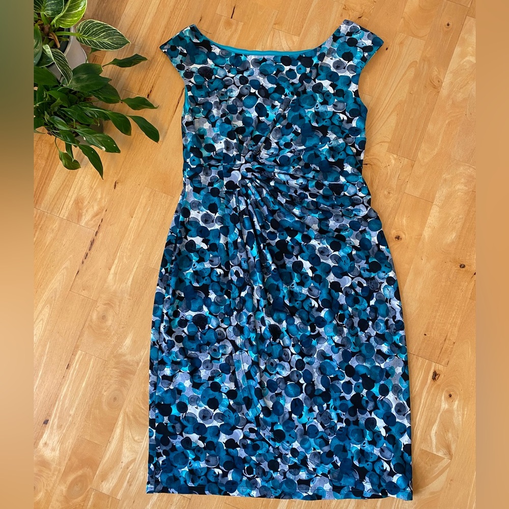 Connected Apparel Cap Sleeve Mock Wrap Dress blue dots